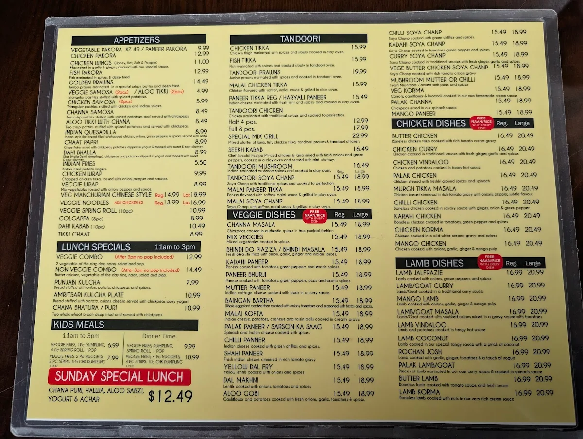 Menu, Delta Indian Cuisine