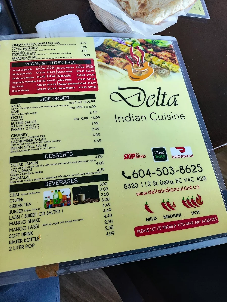 Menu, Delta Indian Cuisine