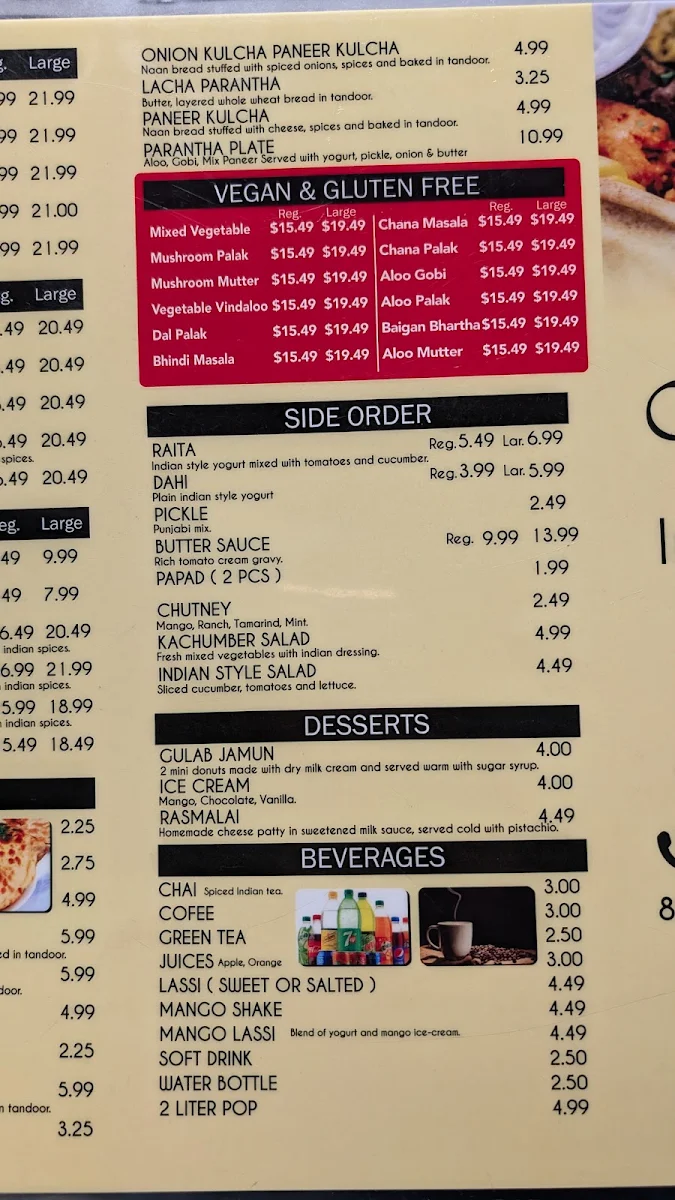Menu, Delta Indian Cuisine