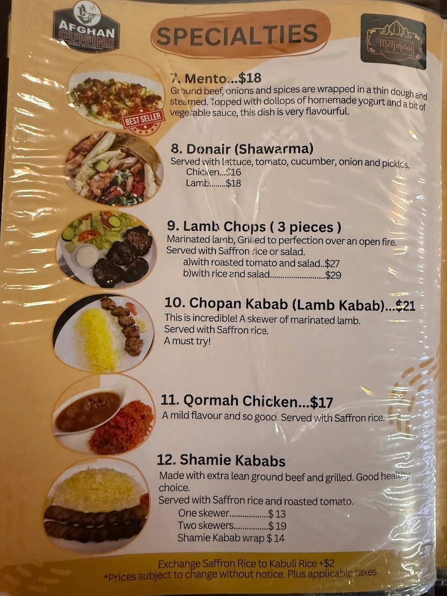 Menu, Afghan Cuisine Restaurant