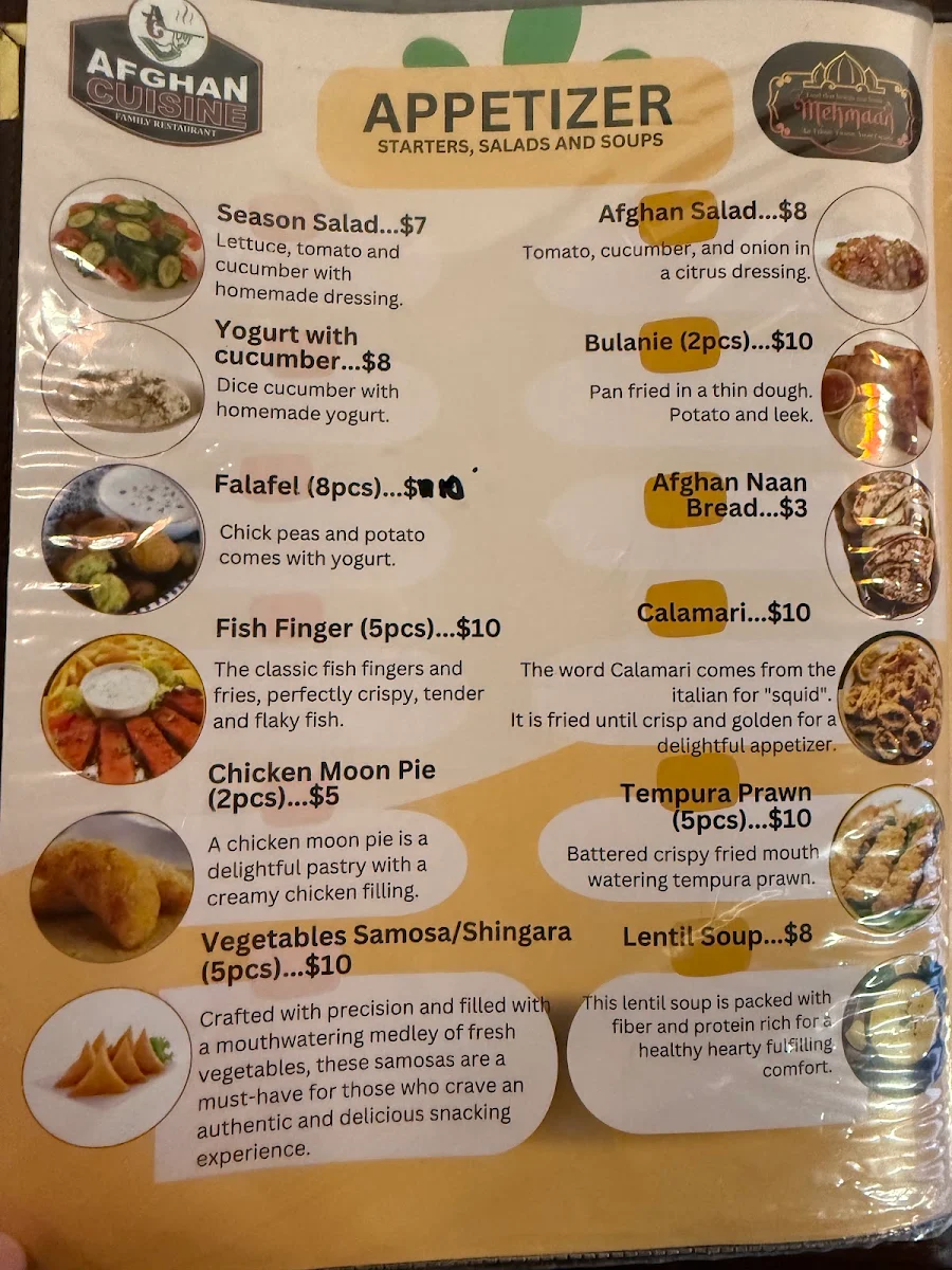 Menu, Afghan Cuisine Restaurant