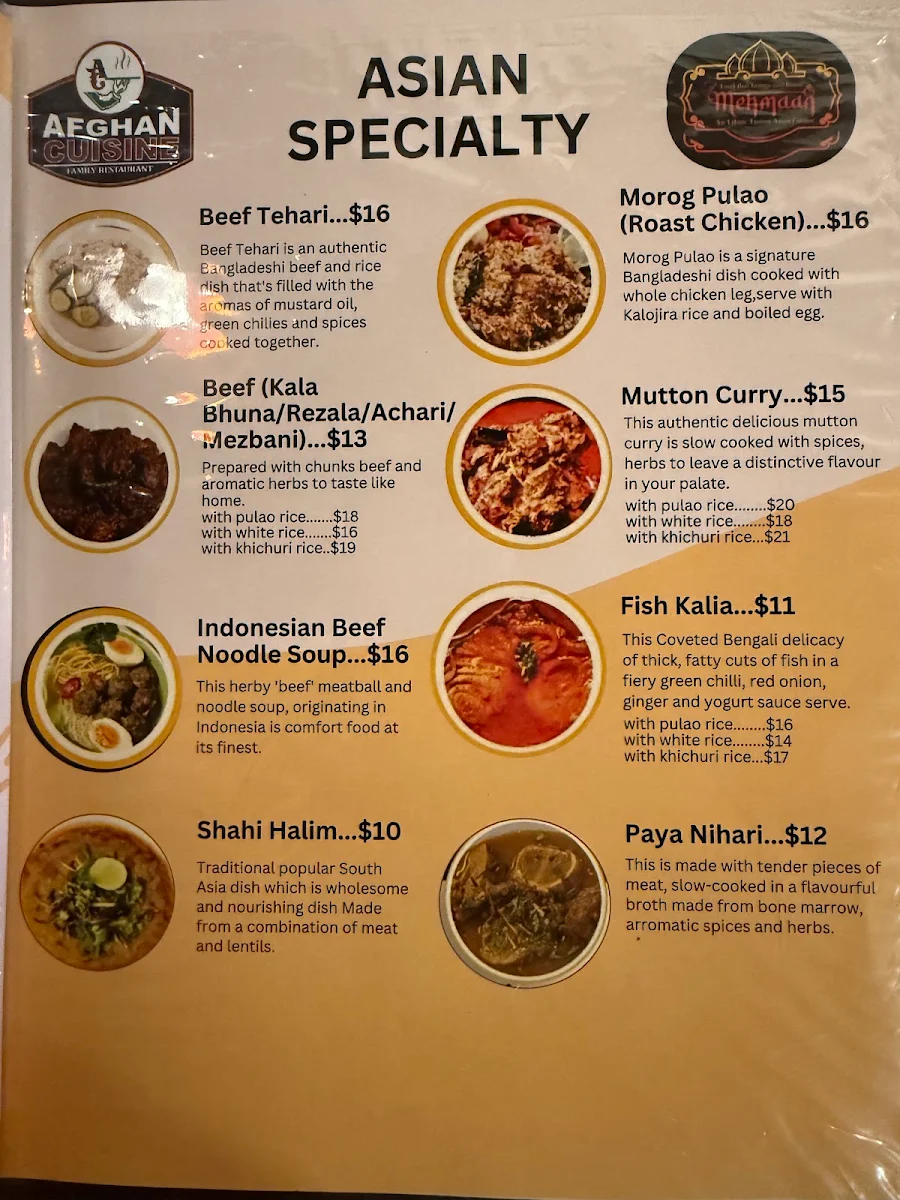 Menu, Afghan Cuisine Restaurant