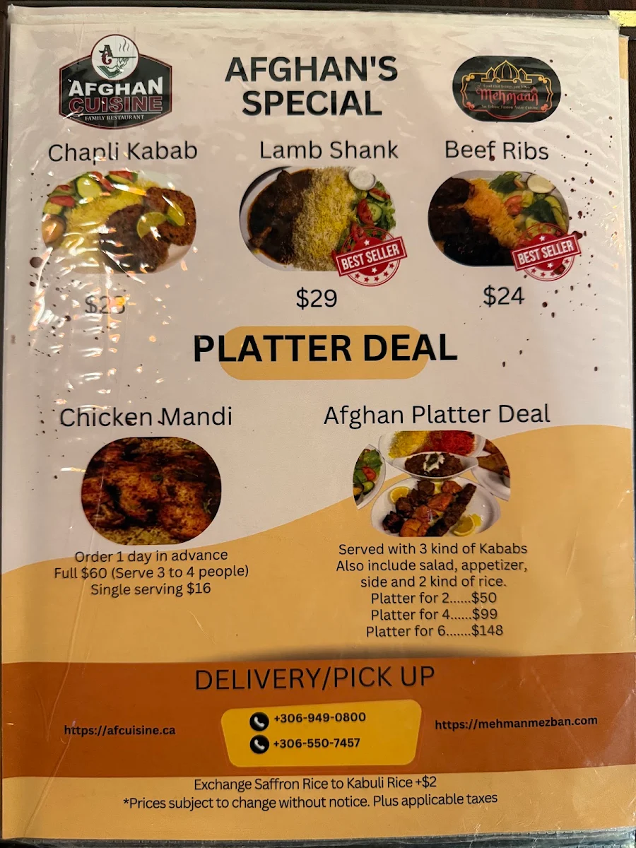 Menu, Afghan Cuisine Restaurant