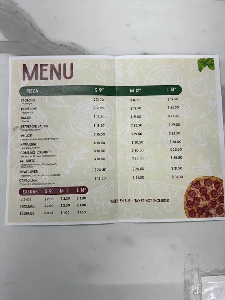 Menu, Pizza Sharon