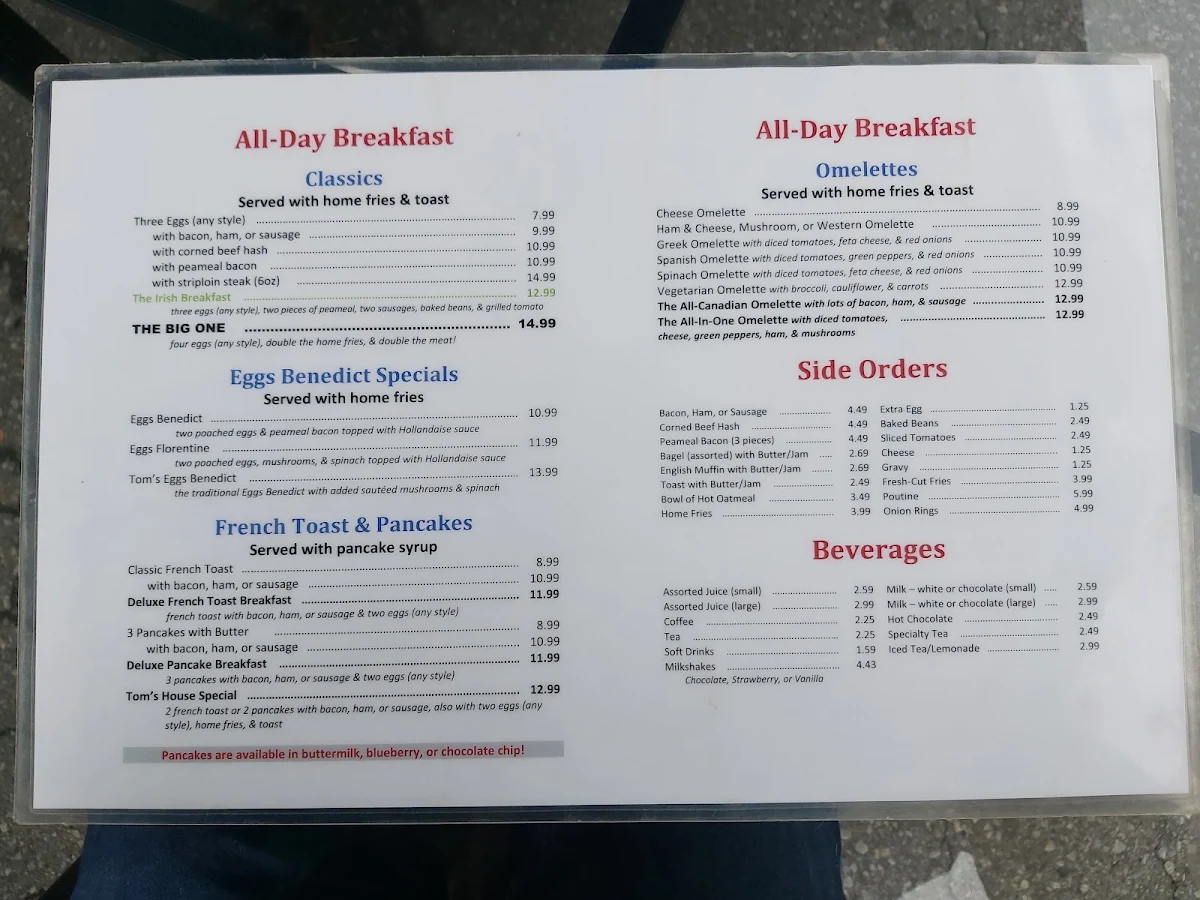Menu, Tom's Family Restaurant