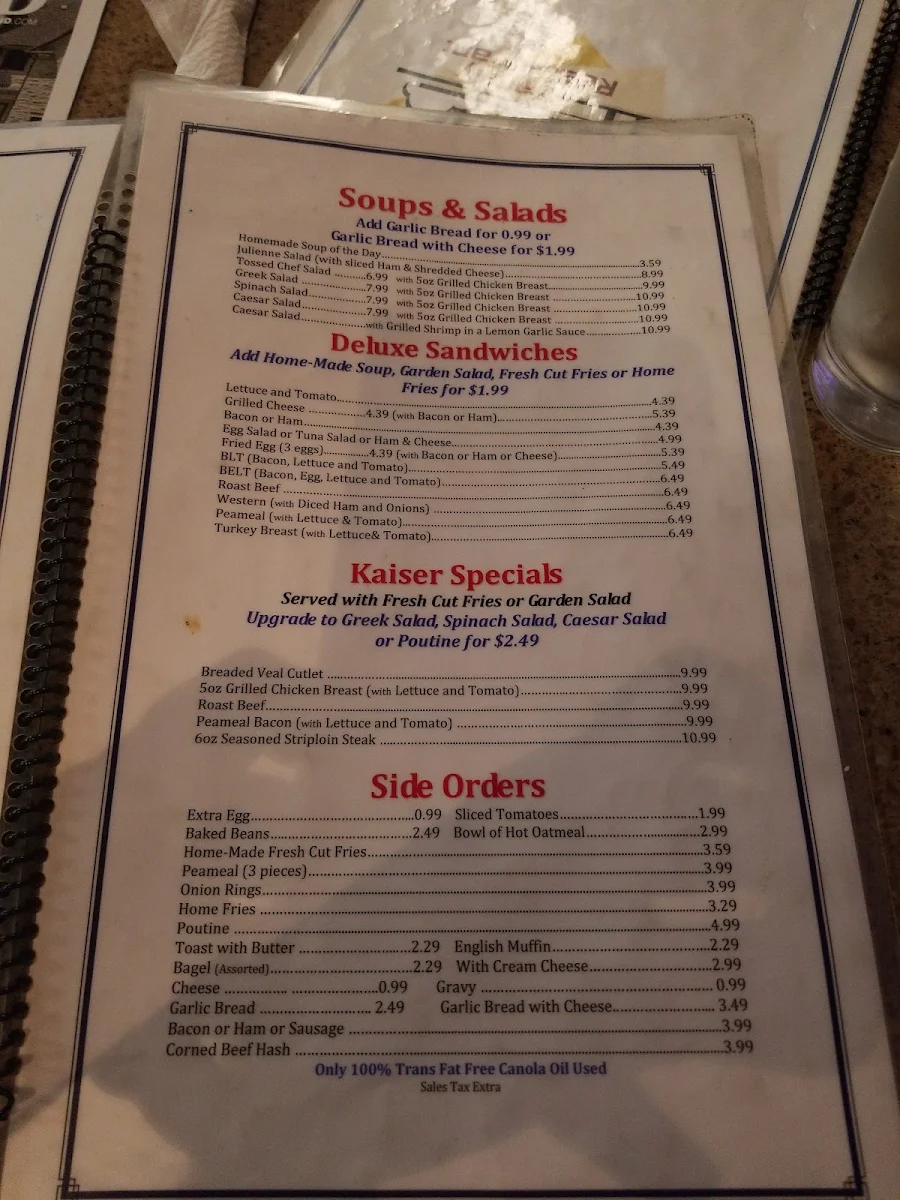 Menu, Tom's Family Restaurant