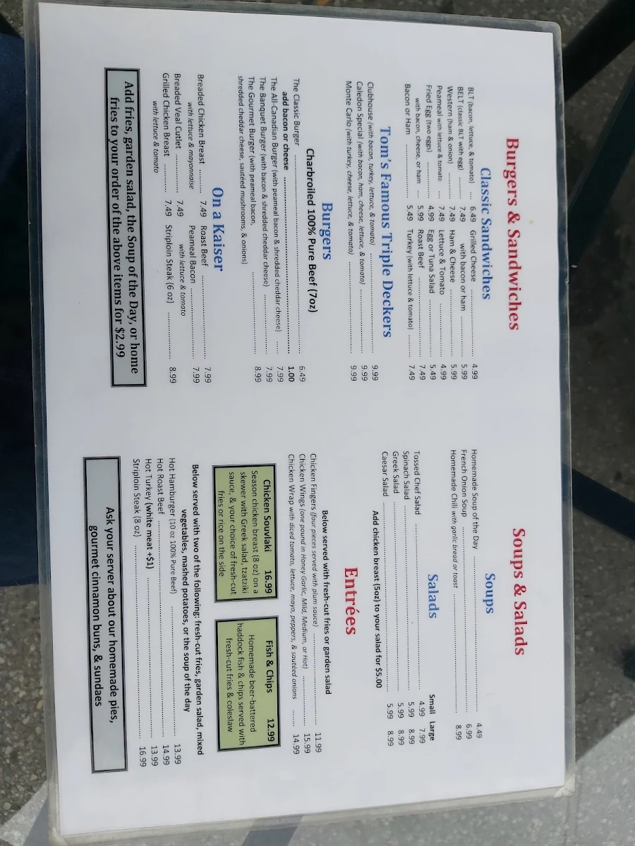 Menu, Tom's Family Restaurant
