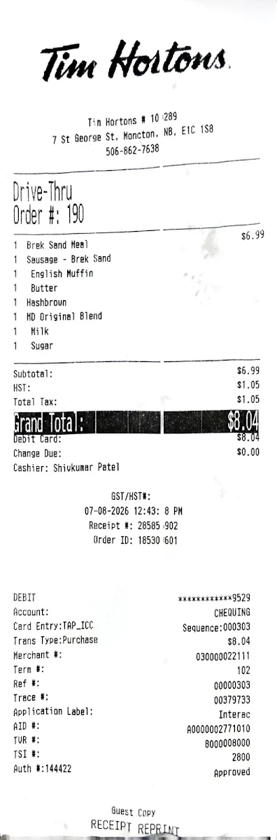 Menu, Tim Hortons