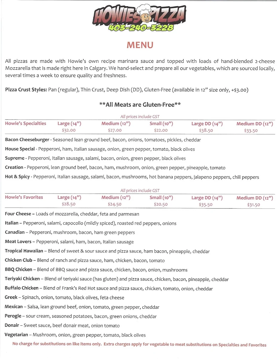 Menu, Howie's Pizza