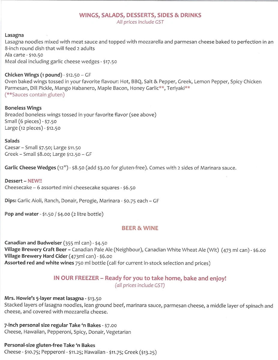Menu, Howie's Pizza