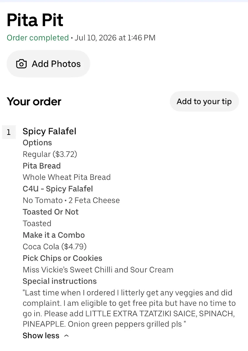 Menu, Pita Pit