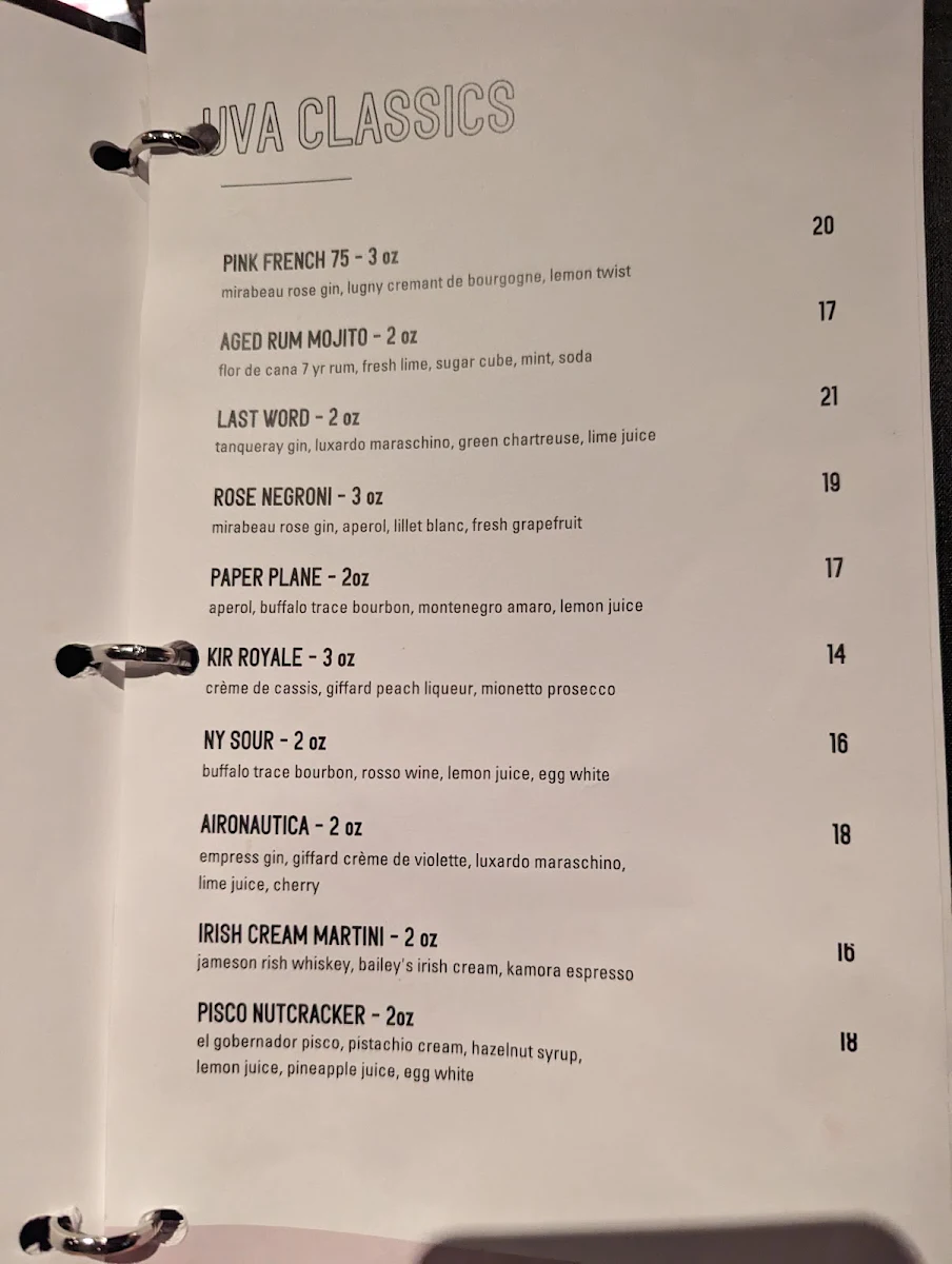 Menu, Uva Wine & Cocktail Bar