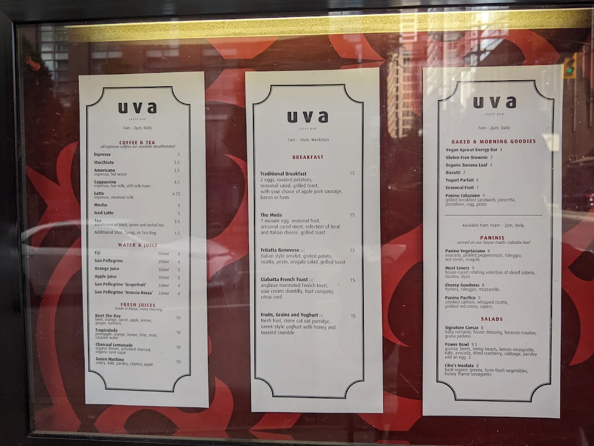 Menu, Uva Wine & Cocktail Bar