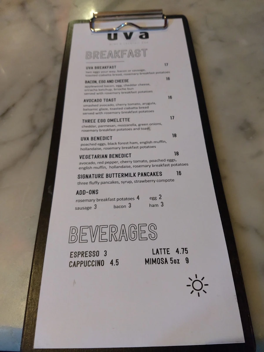 Menu, Uva Wine & Cocktail Bar