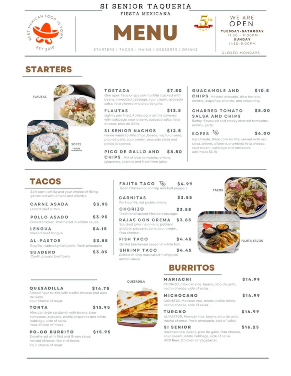 Menu, Si Senior Taquería Fiesta Mexicana