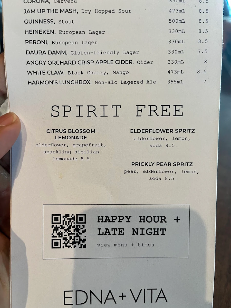 Menu, Edna + Vita