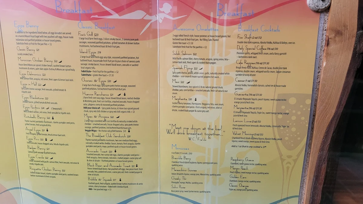 Menu, Blue Fox Cafe