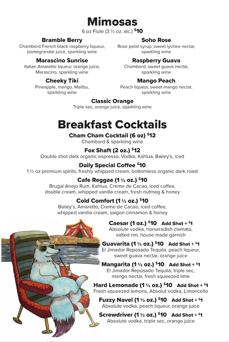 Menu, Blue Fox Cafe