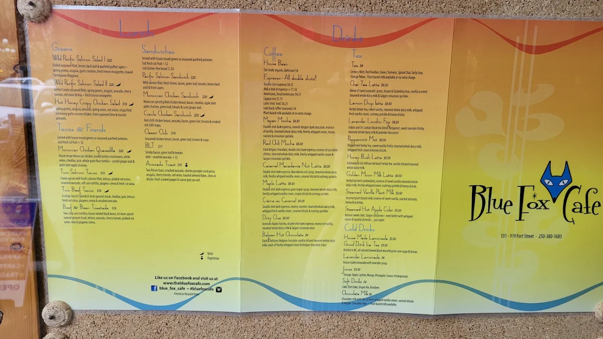 Menu, Blue Fox Cafe