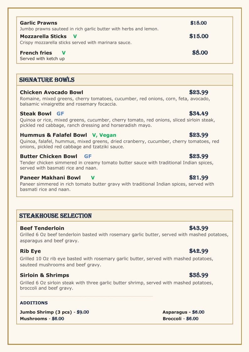 Menu, Elora Restaurant & Bar