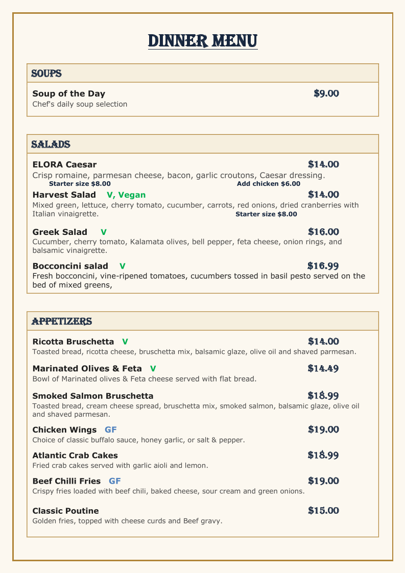 Menu, Elora Restaurant & Bar