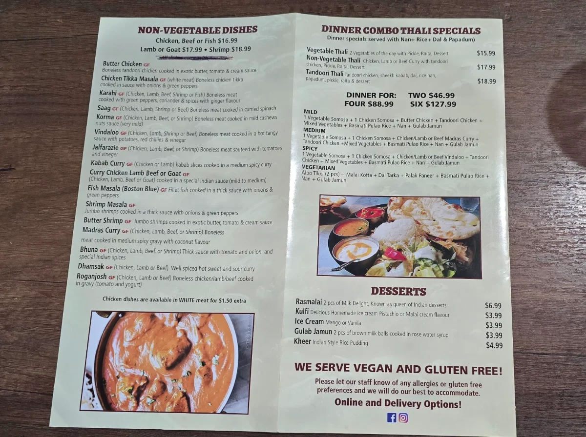 Menu, Parikar Indian and Nepali Cuisine (Previously known as The Bombay Grill)