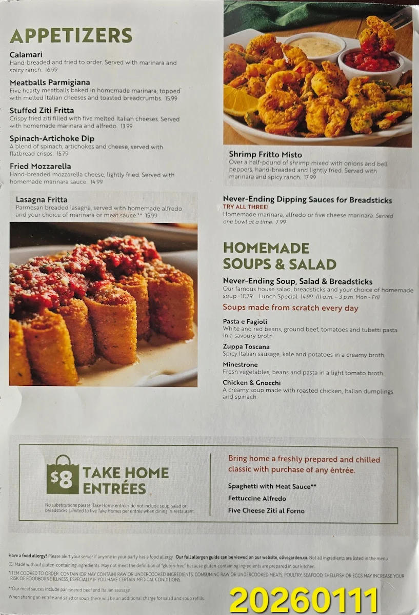 Menu, Olive Garden Italian Restaurant