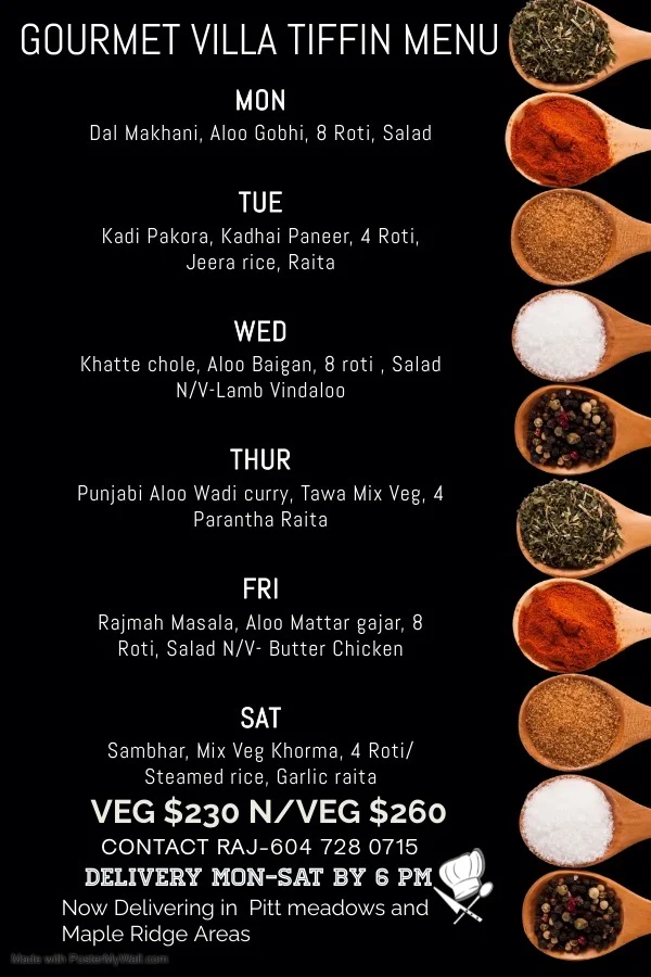 Menu, Gourmet Villa Tiffin and Catering