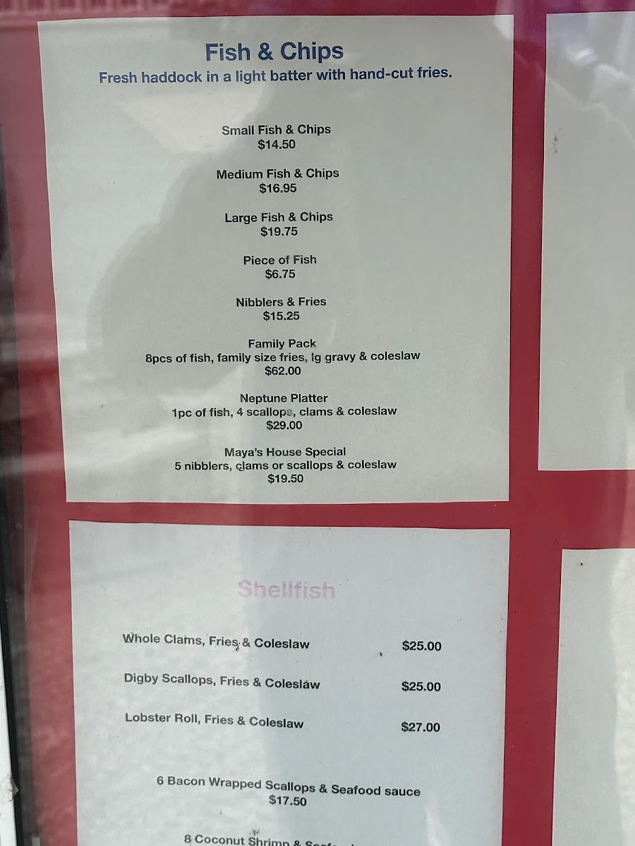 Menu, Maya's Favorite Fish & Chips By the Beach