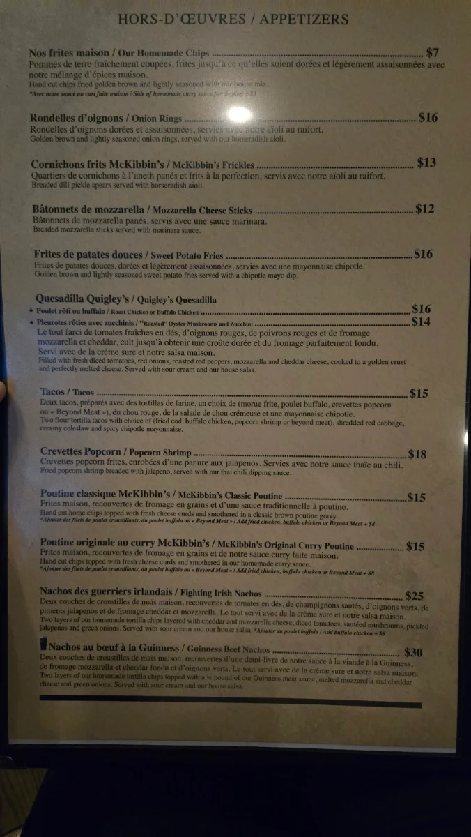 Menu, McKibbin's Irish Pub