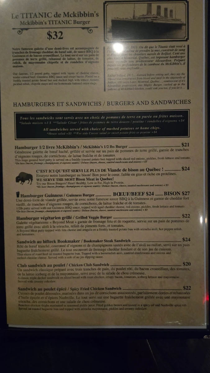 Menu, McKibbin's Irish Pub