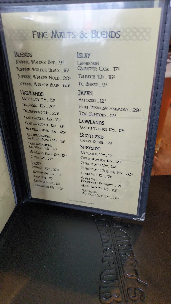 Menu, McKibbin's Irish Pub