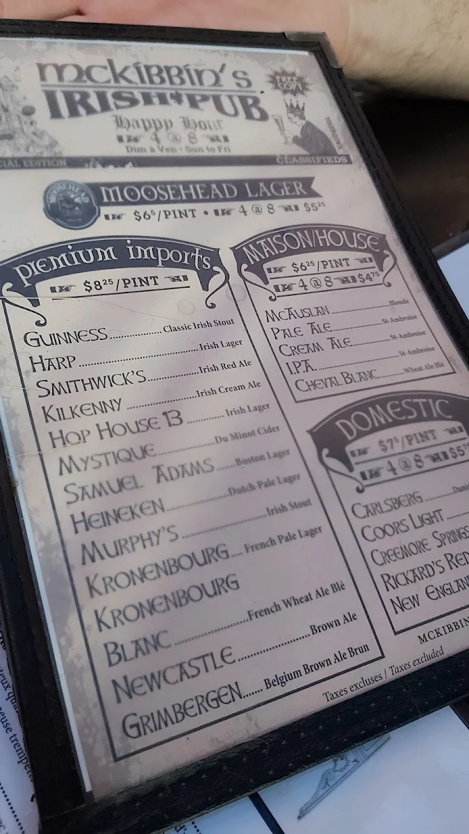 Menu, McKibbin's Irish Pub