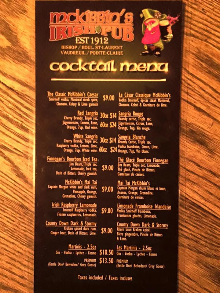 Menu, McKibbin's Irish Pub