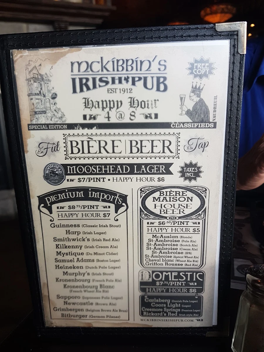 Menu, McKibbin's Irish Pub
