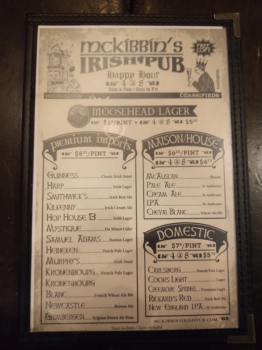 Menu, McKibbin's Irish Pub