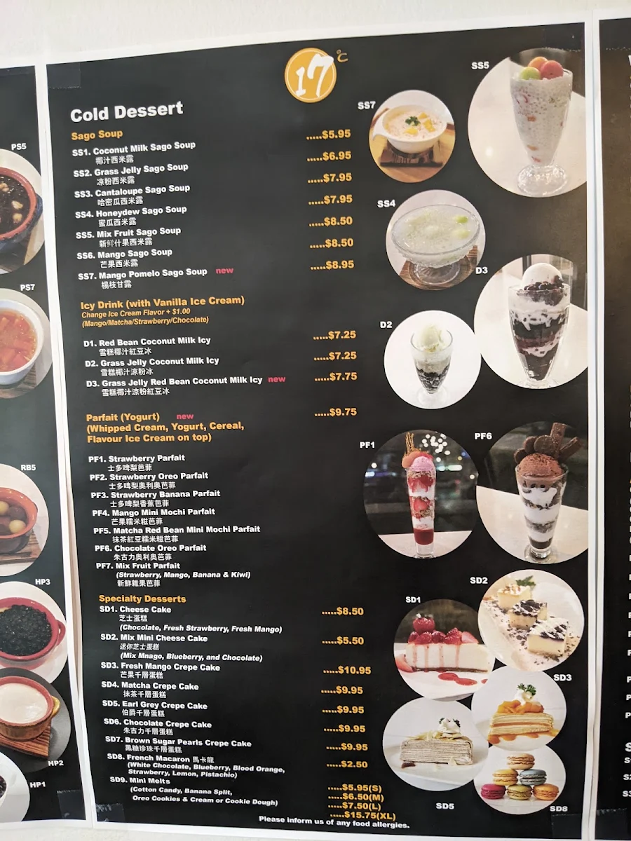 Menu, 17°C Bubble Tea & Dessert Café