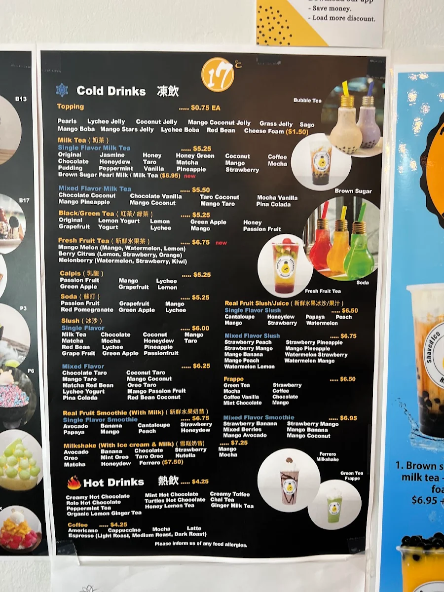 Menu, 17°C Bubble Tea & Dessert Café