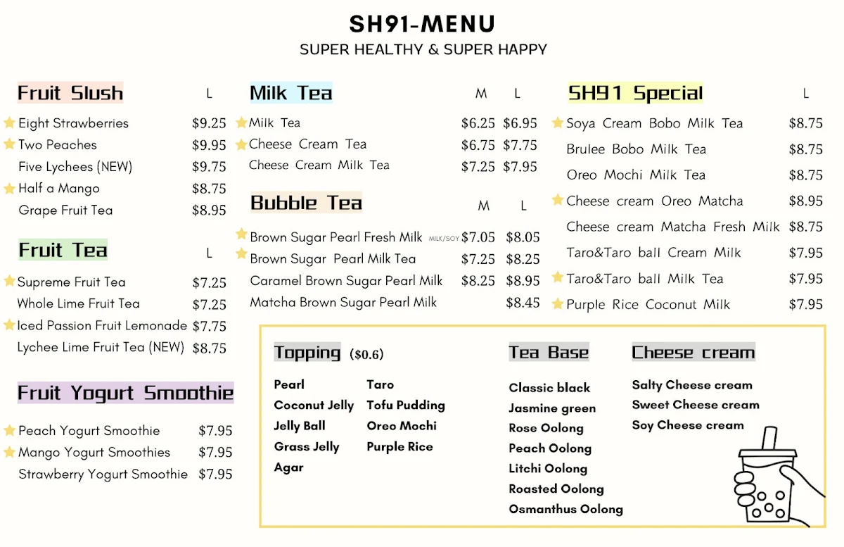Menu, SH91 Dessert Bubble Tea 甜品奶茶店