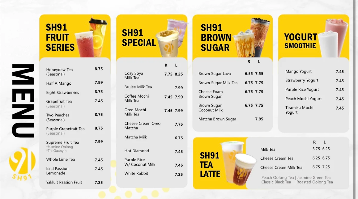 Menu, SH91 Dessert Bubble Tea 甜品奶茶店