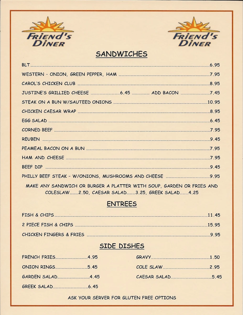 Menu, Friend's Diner