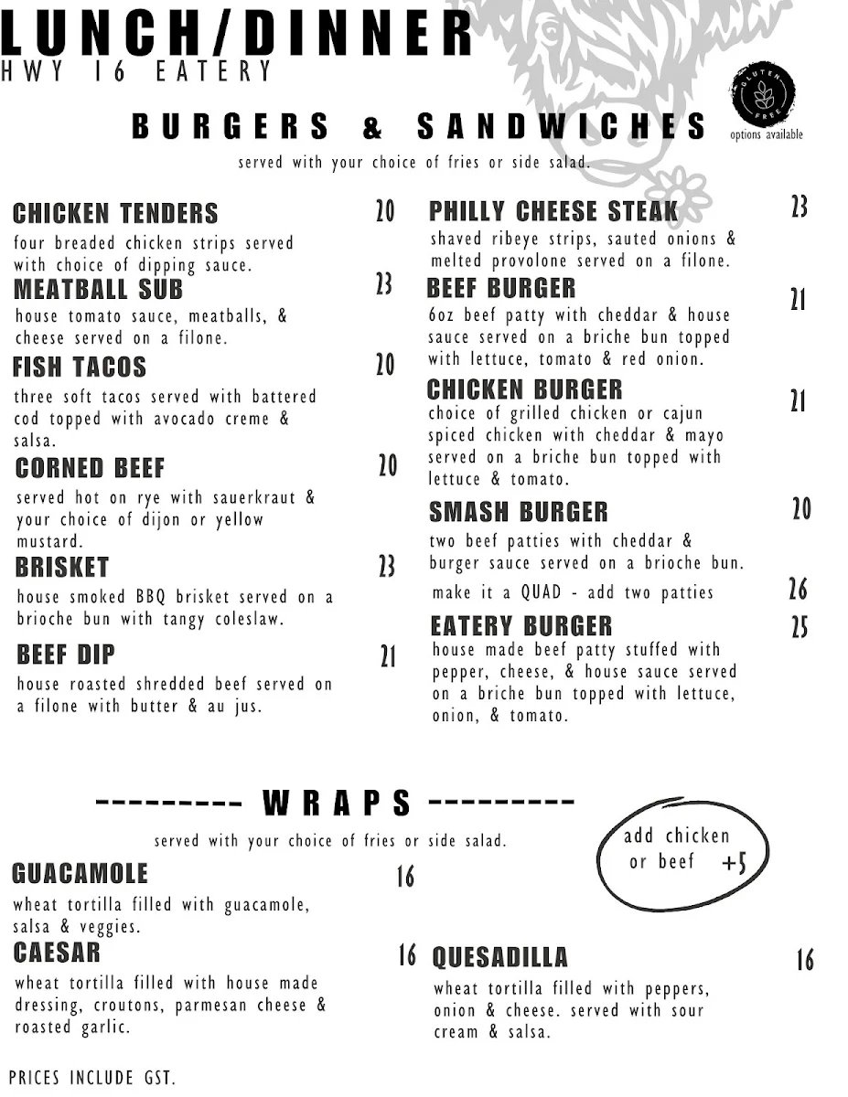Menu, HWY 16 Eatery