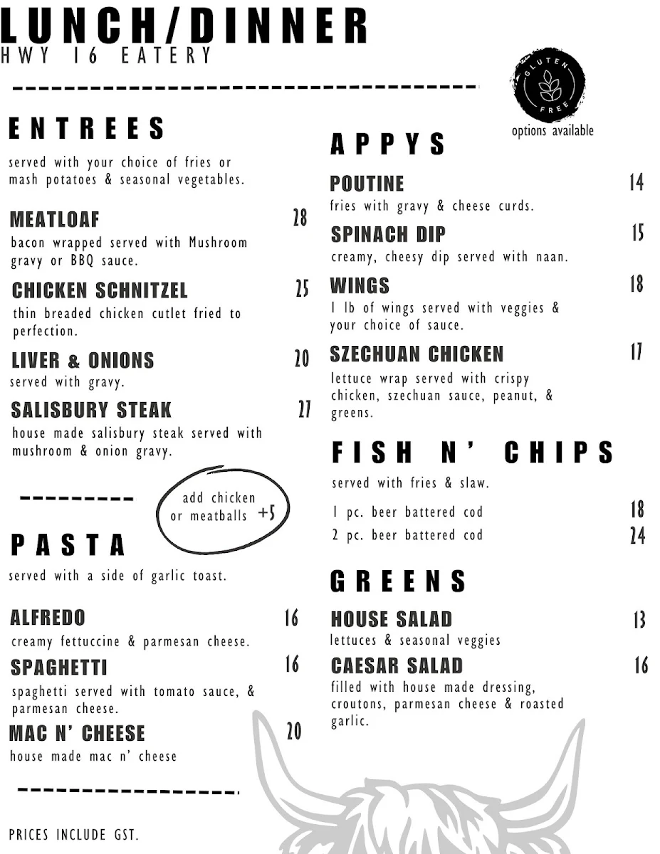 Menu, HWY 16 Eatery