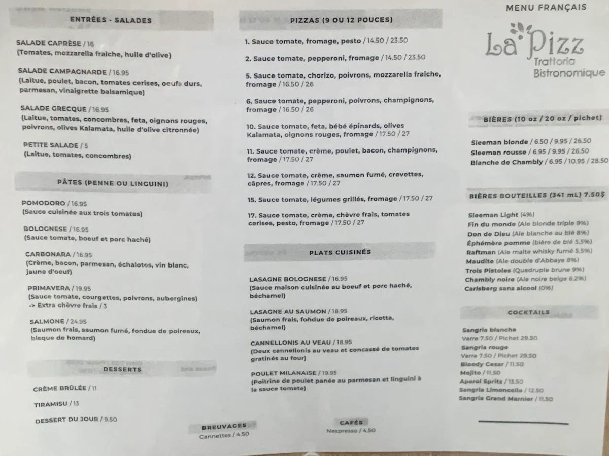 Menu, La Pizz Saint-Pierre