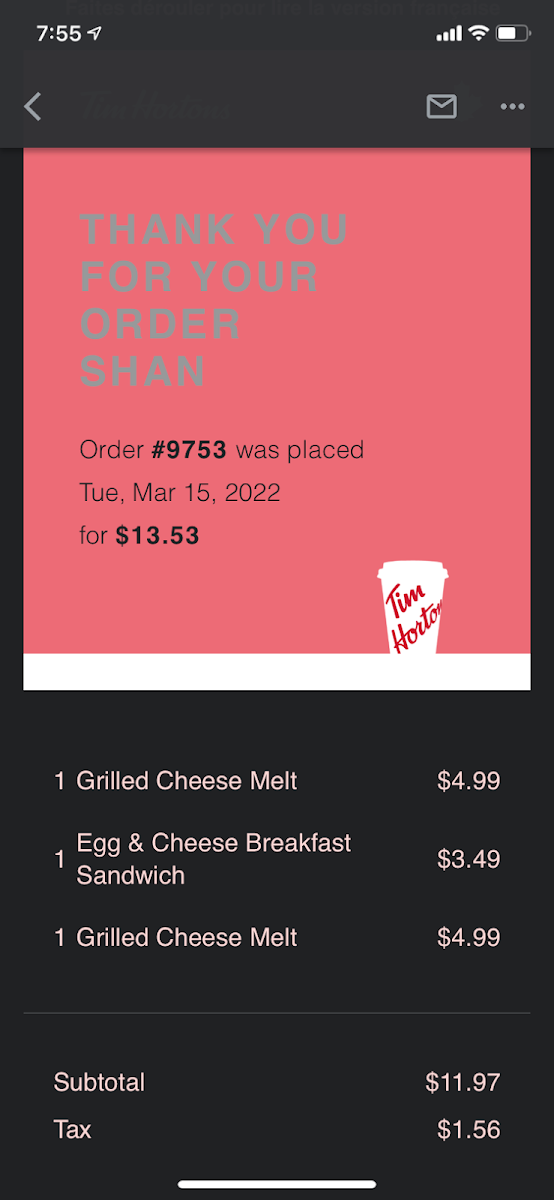 Menu, Tim Hortons