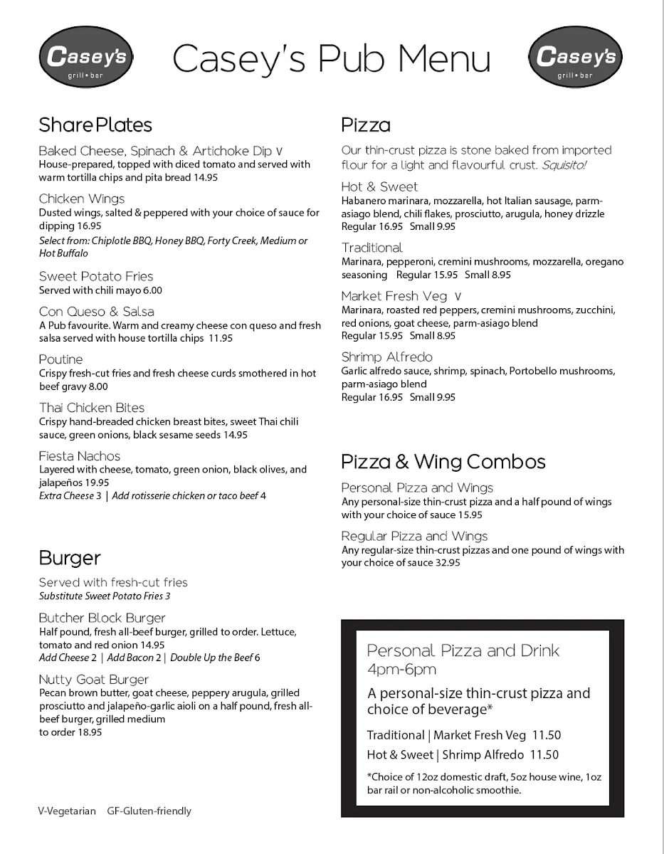 Menu, Water Tower Pub