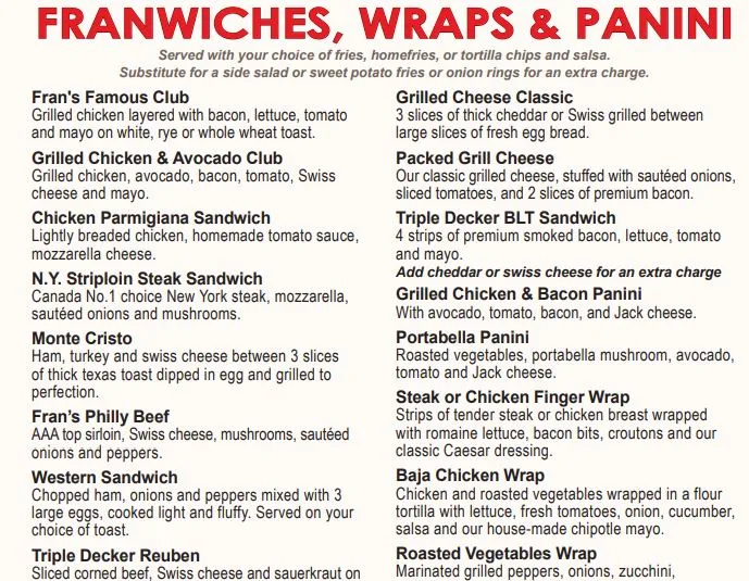 Menu, Fran's Restaurant and Bar