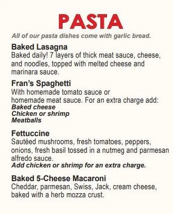 Menu, Fran's Restaurant and Bar