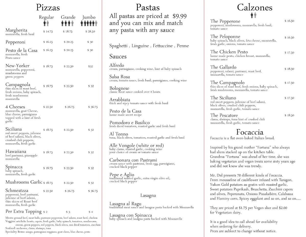 Menu, Did's Pizza