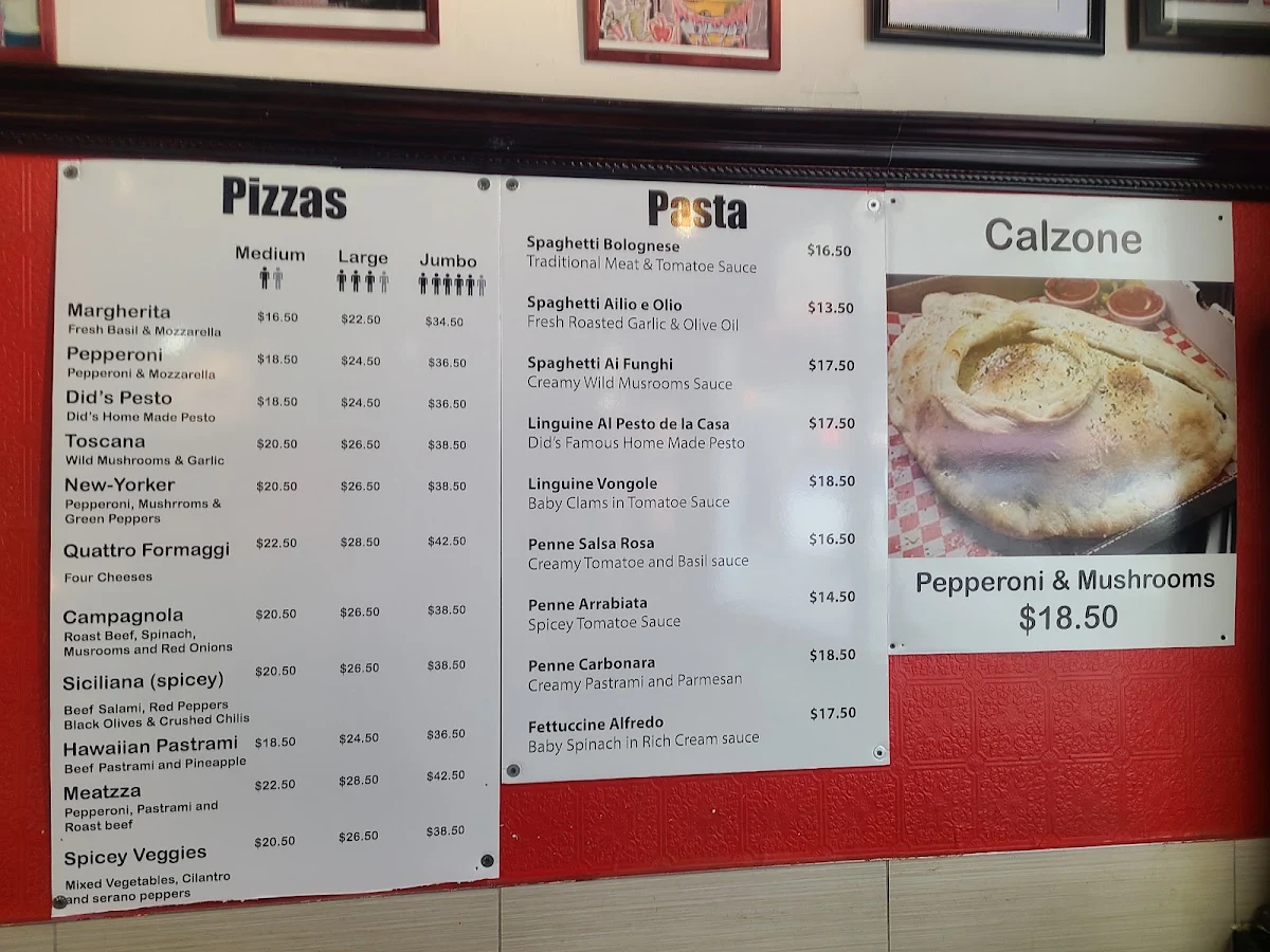 Menu, Did's Pizza